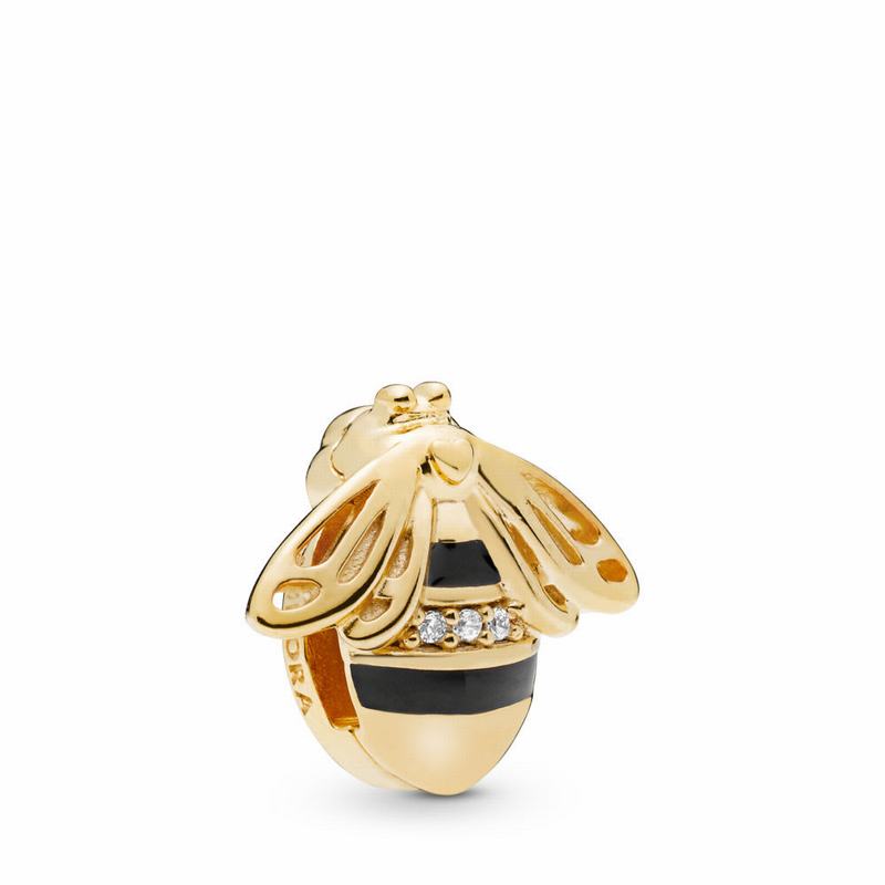 Pandora Shine™ Reflexions™ Queen Bee Clip Charm Ireland - 18ct Gold Plated/Enamel/Black/Cubic Zircon